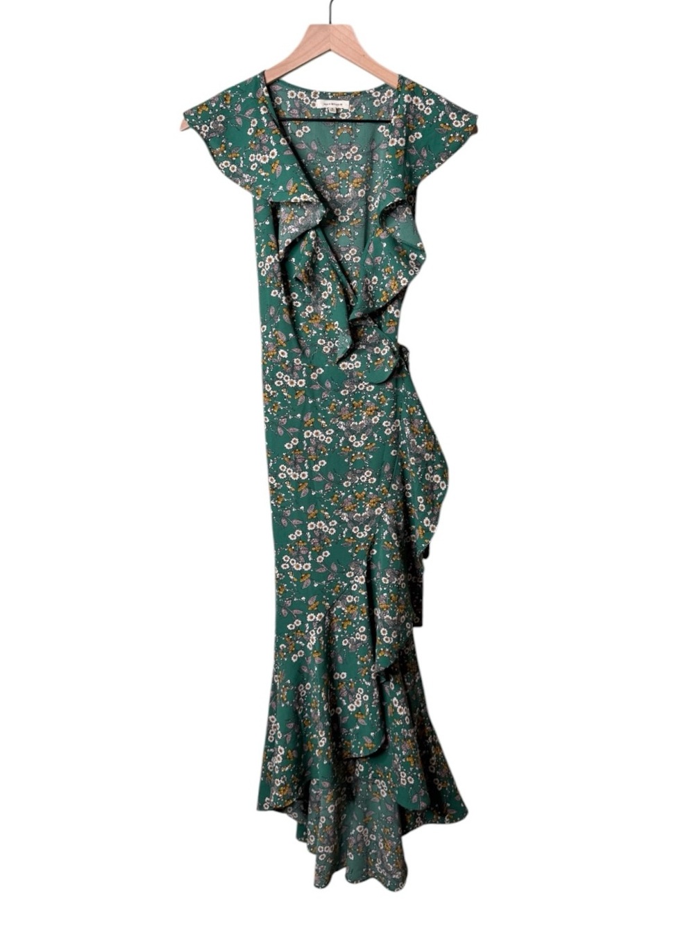 Max Studio Floral Short Ruffle Sleeve Wrap Maxi Dress Green Yellow White Small